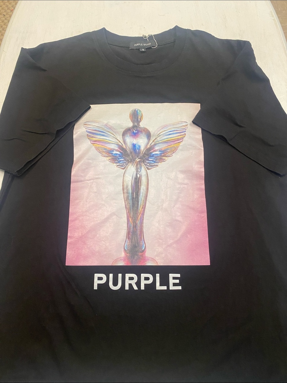 PURPLE Graphic Black T‑Shirt with Holographic Angel Print